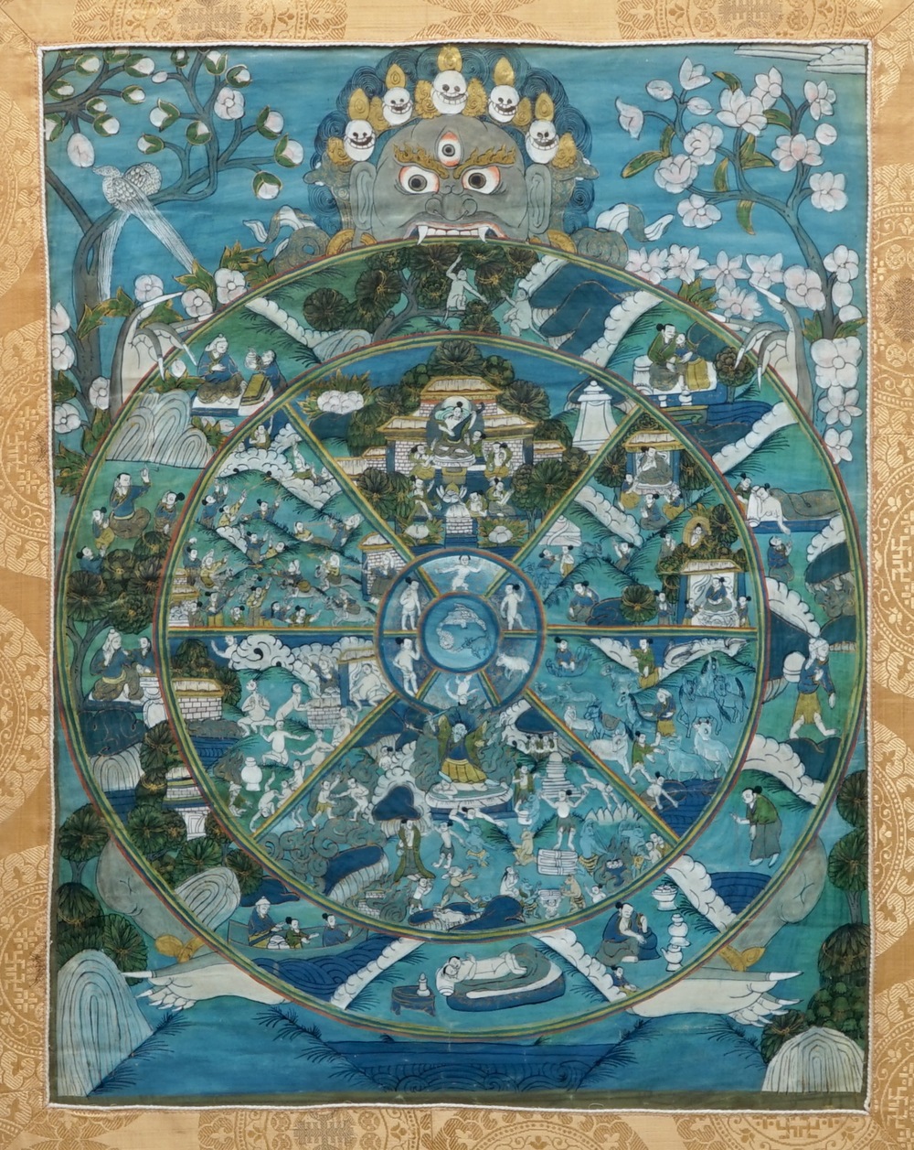 Een thangka met voorstelling de Bhavacakra, Tibet, 19/20e eeuw